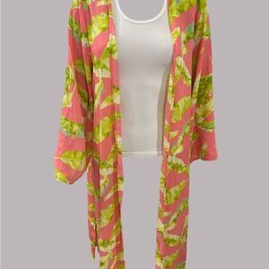 Pink and Green Leaf Print Kimono